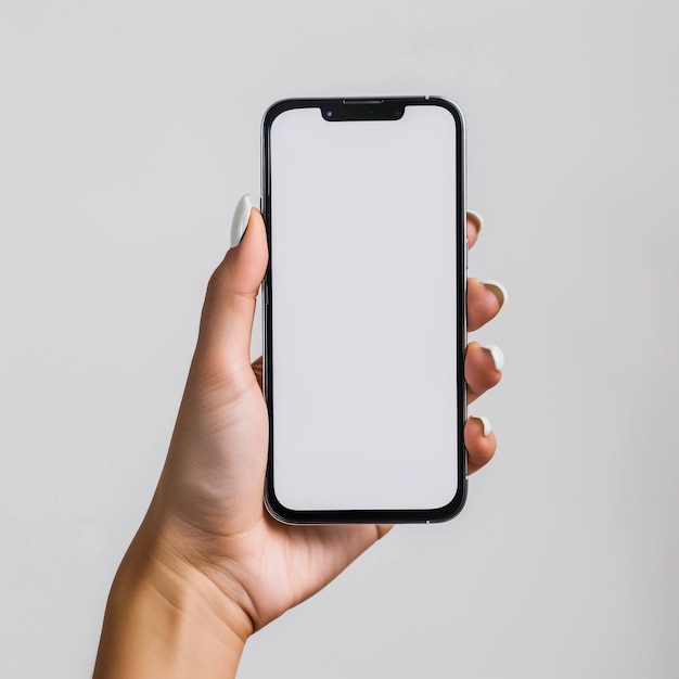 Mulher segurando um smartphone com tela em branco isolada em fundo branco