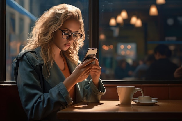 Mulher segurando um telefone celular bebendo café no café