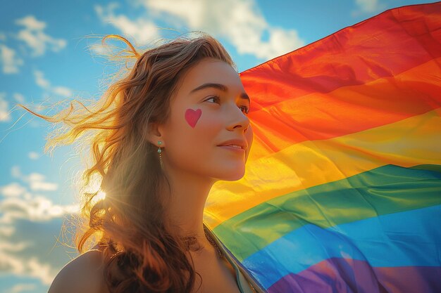 Mulher segurando uma bandeira arco-íris colorida