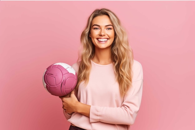 Mulher segurando uma bola de vôlei isolada em fundo rosa