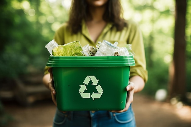 Foto mulher segurando uma caixa de lixo conceito de reciclagem reciclar reciclar embalagens plásticas de junk food sem plástico