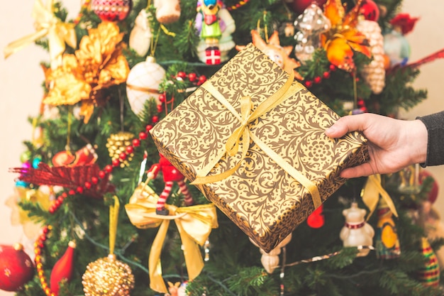 Mulher segurando uma caixa de presente grande contra incrível árvore de natal.