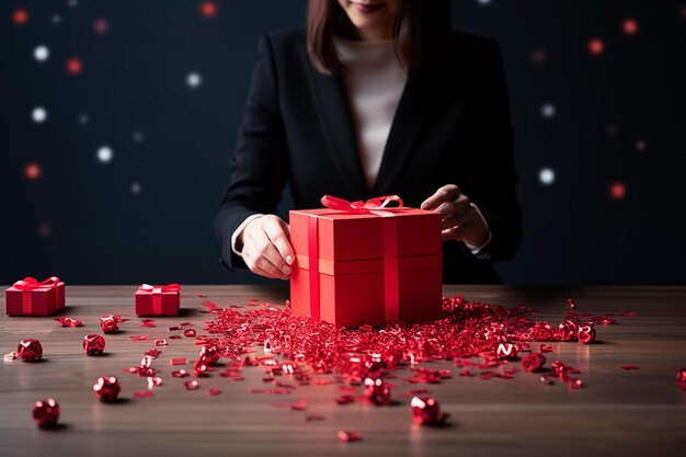 Foto mulher segurando uma caixa de presente vermelha com confete de coração vermelho no fundo