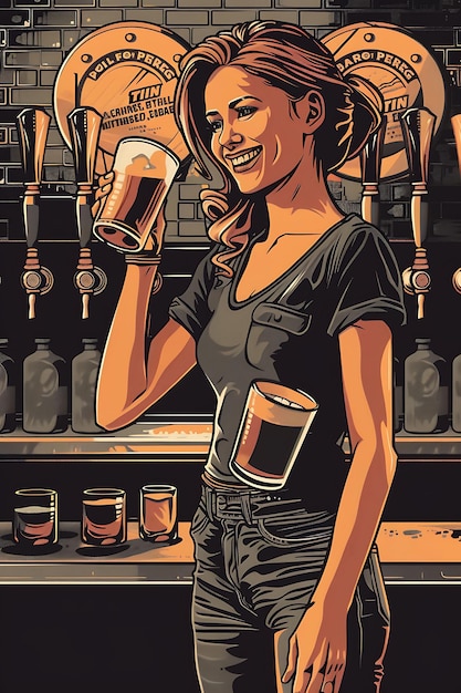 Mulher segurando uma cerveja e sorrindo com um fundo de um bar um cartaz banner layout de cartão postal