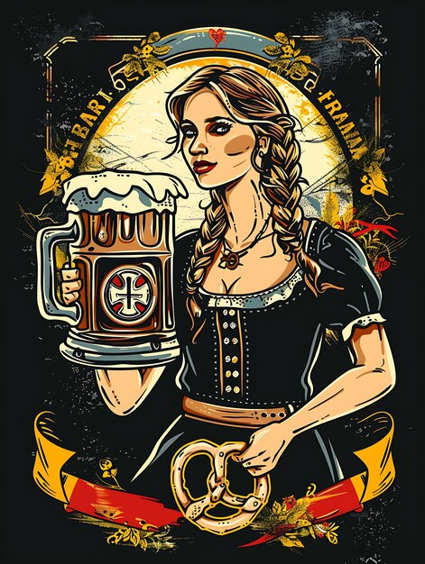 Mulher segurando uma cerveja Stein Design detalhado de Stein com layout de cartão postal de cartaz alemão