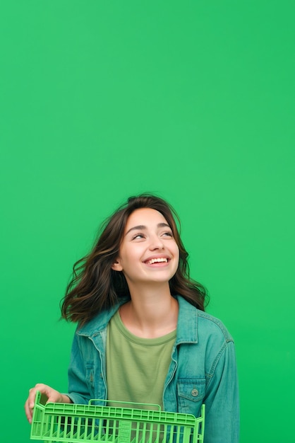 Foto mulher segurando uma cesta de compras de supermercado em fundo verde promoções publicitárias venda ecologia sustentabilidade iniciativas verdes copiar espaço para texto conceito criativo de compras em supermercado