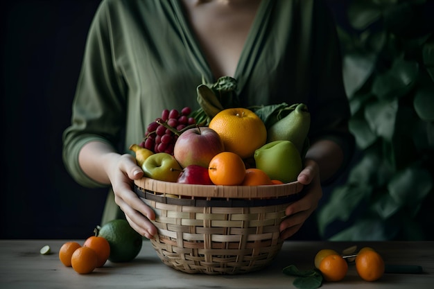 Mulher segurando uma cesta de frutas frescas da fazenda Generative AI 1