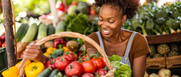 Mulher segurando uma cesta de vegetais no mercado do fazendeiro com um sorriso no rosto