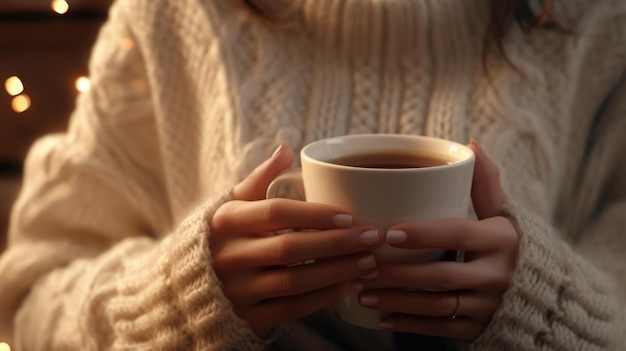 mulher segurando uma chávena de café ai