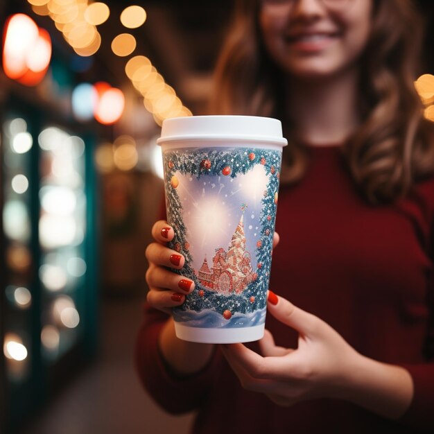 Foto mulher segurando uma chávena de café com uma cena de natal sobre ele generativo ai