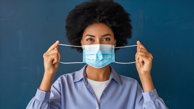 Foto mulher segurando uma máscara médica com espaço para cópia