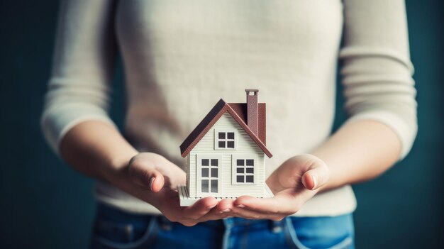 Mulher segurando uma pequena casa nas mãos