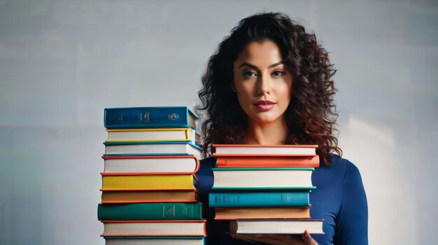 Foto mulher segurando uma pilha de livros na frente do rosto