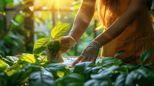 Mulher segurando uma planta verde