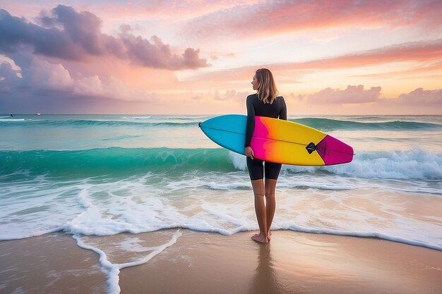 Mulher segurando uma prancha de surf colorida de pé na praia olhando para a ilustração do céu