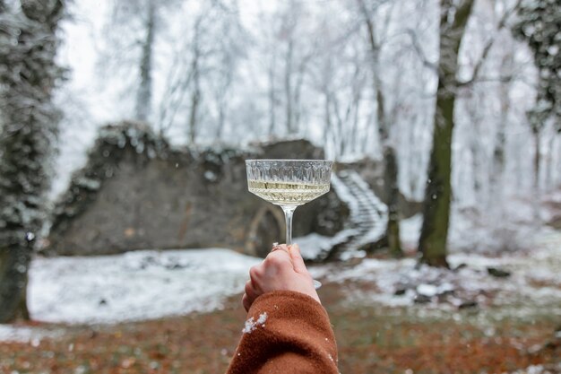 Mulher segurando uma taça de vinho no fundo de um castelo medieval na neve