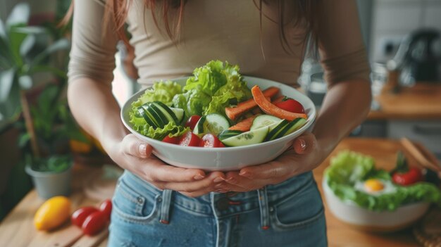 Mulher segurando uma tigela de verduras e vegetais