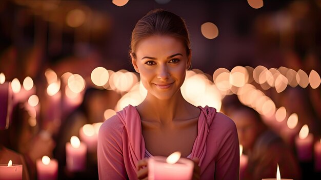 Foto mulher segurando uma vela acesa nas mãos no dia do câncer de mama