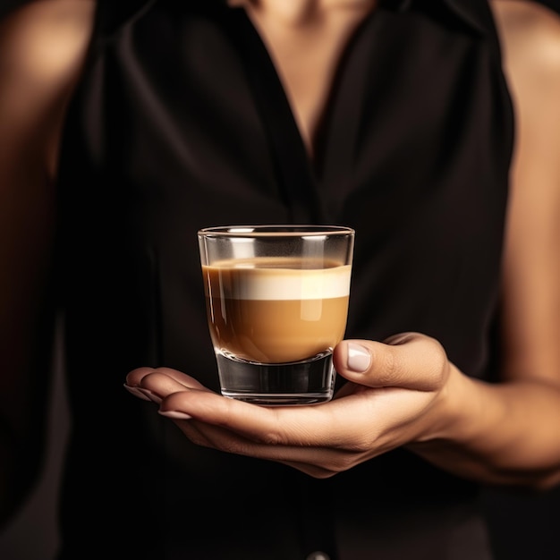 Mulher segurando uma xícara de café expresso macchiato conceito de publicidade