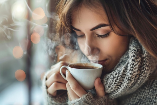 Mulher segurando uma xícara de café