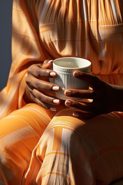 Mulher segurando uma xícara de chá conceito de publicidade de cerimônia do chá