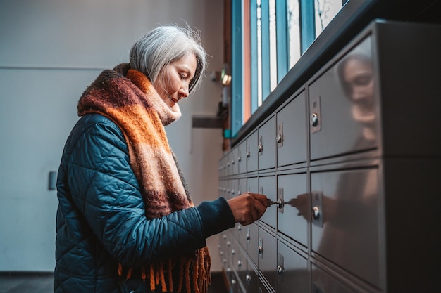 Mulher sênior abre a caixa de correio para verificar novos e-mails