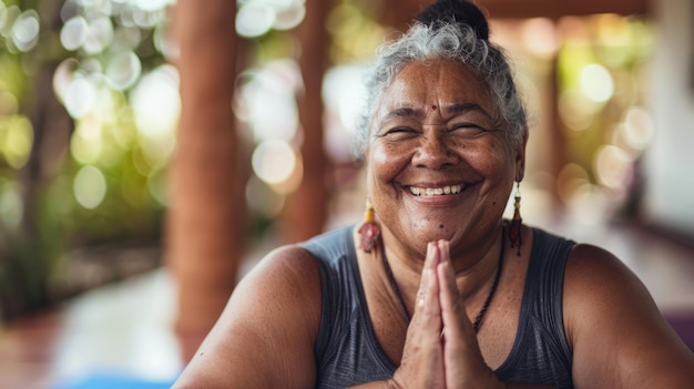 Foto mulher sênior afro-americana com cabelo escuro sorrindo praticando ioga