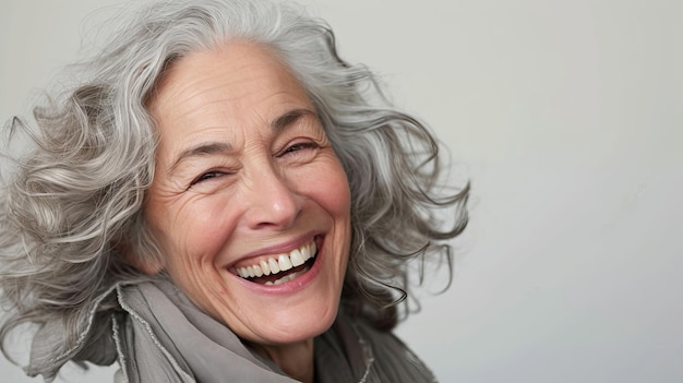 Foto mulher sênior alegre com um sorriso animado e cabelos grisalhos a cena é ai generative