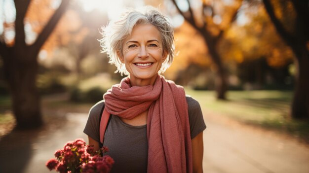 Mulher sênior andando no parque segurando flores sorriso confiante olhando para a câmera