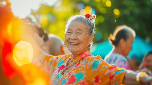 Mulher sênior asiática em traje tradicional desfrutando de um evento chinês de festival