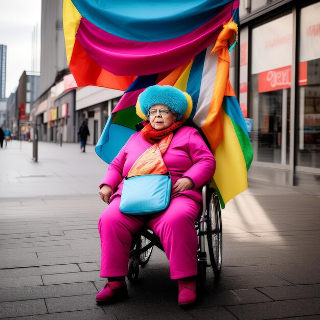 Foto mulher sênior com bandeira arco-íris colorida mulher sénior com bandera arco-íris colorida