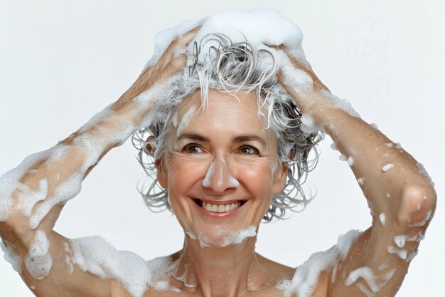 mulher sênior com cabelo sabonado isolado em fundo branco