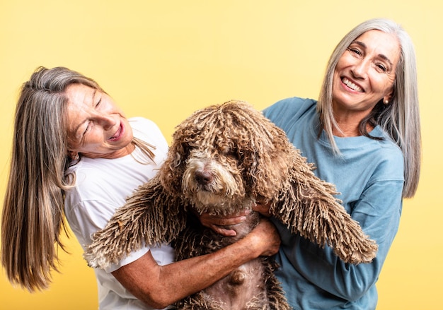 Mulher sênior de cabelos grisalhos. conceito de cachorro de estimação