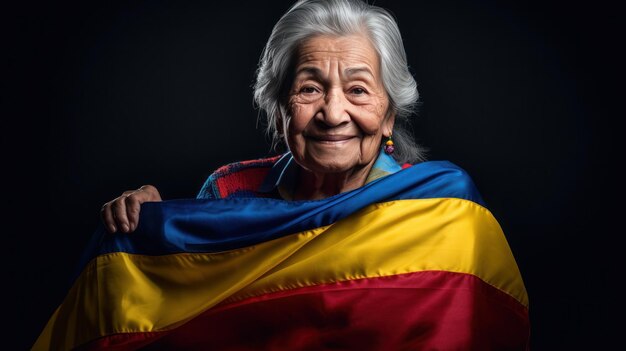 Mulher sênior de Colômbia do retrato com bandeira nacional