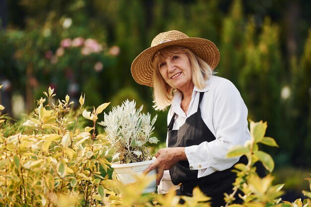 Foto mulher sênior está no jardim durante o dia conceição de plantas e estações