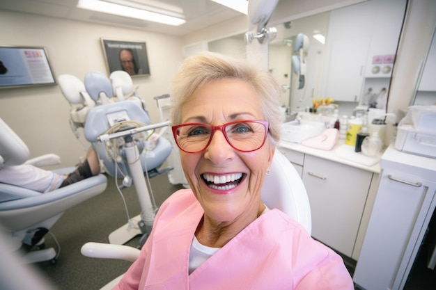 Foto mulher sênior, expressão feliz e surpresa em uma clínica dentária