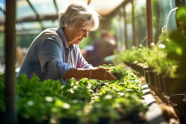 Mulher sênior fazendo jardinagem trabalhando em uma estufa