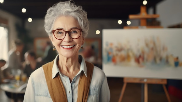 Mulher sênior feliz com desenho no estúdio como atividade depois de sua aposentadoria ativa
