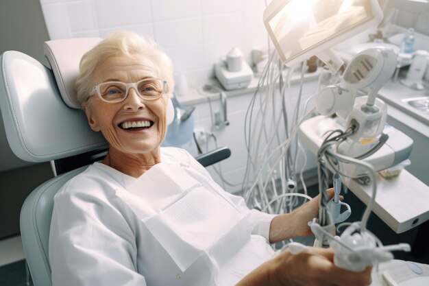 Foto mulher sênior feliz e surpresa expressão em uma clínica de dentista