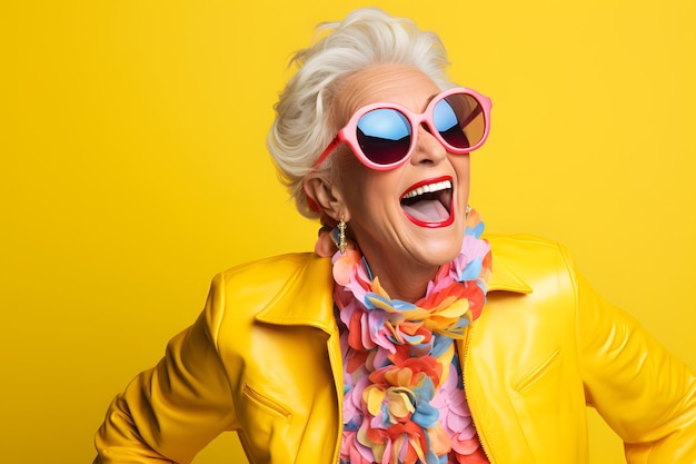 Mulher sênior feliz em óculos de sol legais de roupas amarelas coloridas rindo e se divertindo na moda