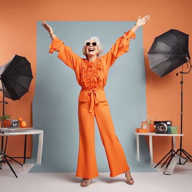 Foto mulher sênior feliz em roupa laranja colorida óculos de sol frescos rindo e se divertindo na moda st