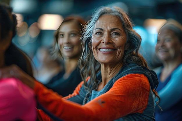 Mulher sênior feliz exercitando com grupo no ginásio Soncept Fitness para idosos Exercício em grupo envelhecimento ativo Fitness sénior ginásio exercícios ar 32 estilo cru estilizar 250 Job ID 8a9ba21d93624ab48a8ebb5ce4fbfae6