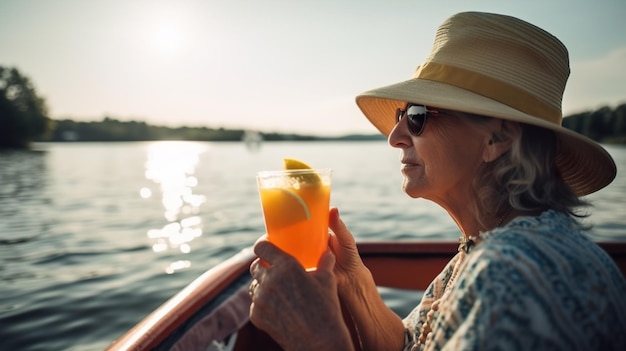 Mulher sênior generativa ai com óculos de sol relaxando em um barco