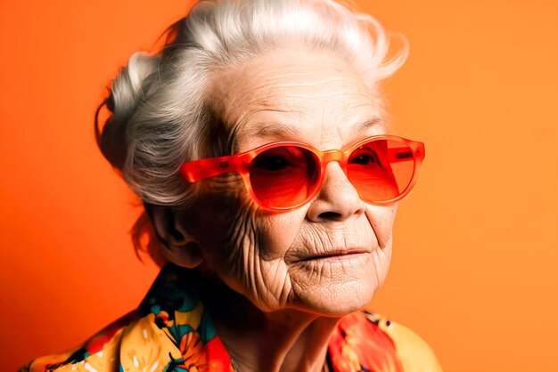 Mulher sênior sorridente com óculos de sol olhando para longe isolada em retrato laranja IA generativa