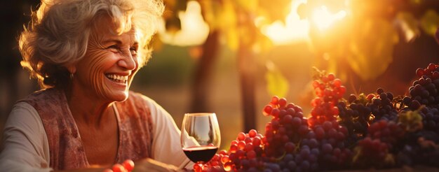 Mulher sênior sorridente com um copo de vinho fundo borrado de vinha em um pôr-do-sol IA generativa