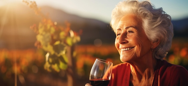 Foto mulher sênior sorridente com um copo de vinho fundo borrado de vinha em um pôr-do-sol ia generativa