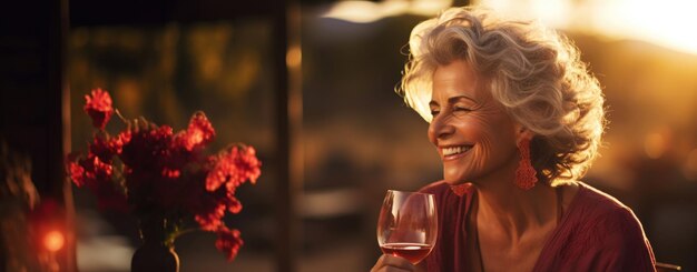 Foto mulher sênior sorridente com um copo de vinho fundo borrado de vinha em um pôr-do-sol ia generativa