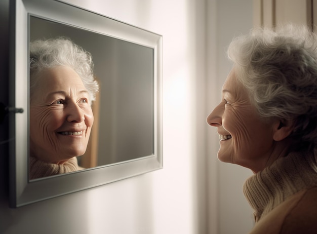 Mulher sênior sorridente olhando para o espelho