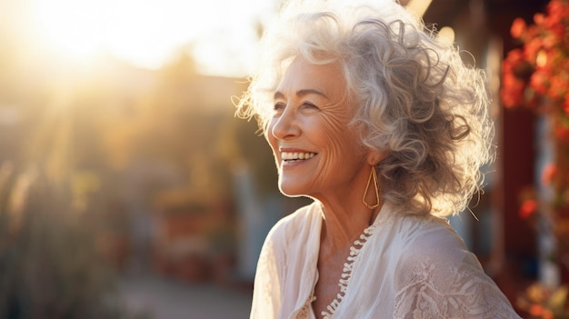 Mulher sênior sorridente sob a luz do sol