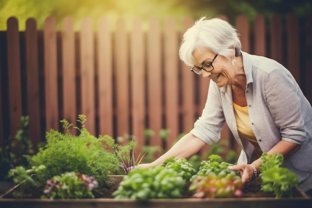 Mulher sênior sorridente trabalhando no jardim uma mulher idosa cultiva legumes no jardim